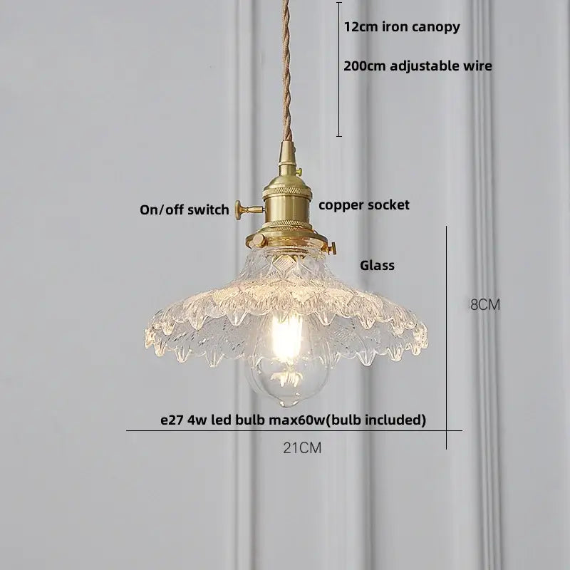 Vintage amber glass led pendant light with brass copper socket and scalloped cut clear glass shade by decorbites amber glass