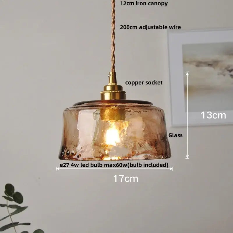 Vintage amber glass led pendant light with warm amber textured glass and brass copper socket by decorbites amber glass