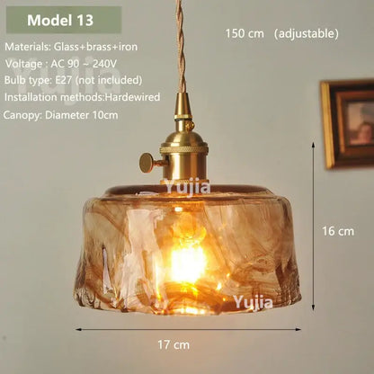 Vintage amber glass pendant light with brass fixture and adjustable 150 cm cord for kitchen island lighting
