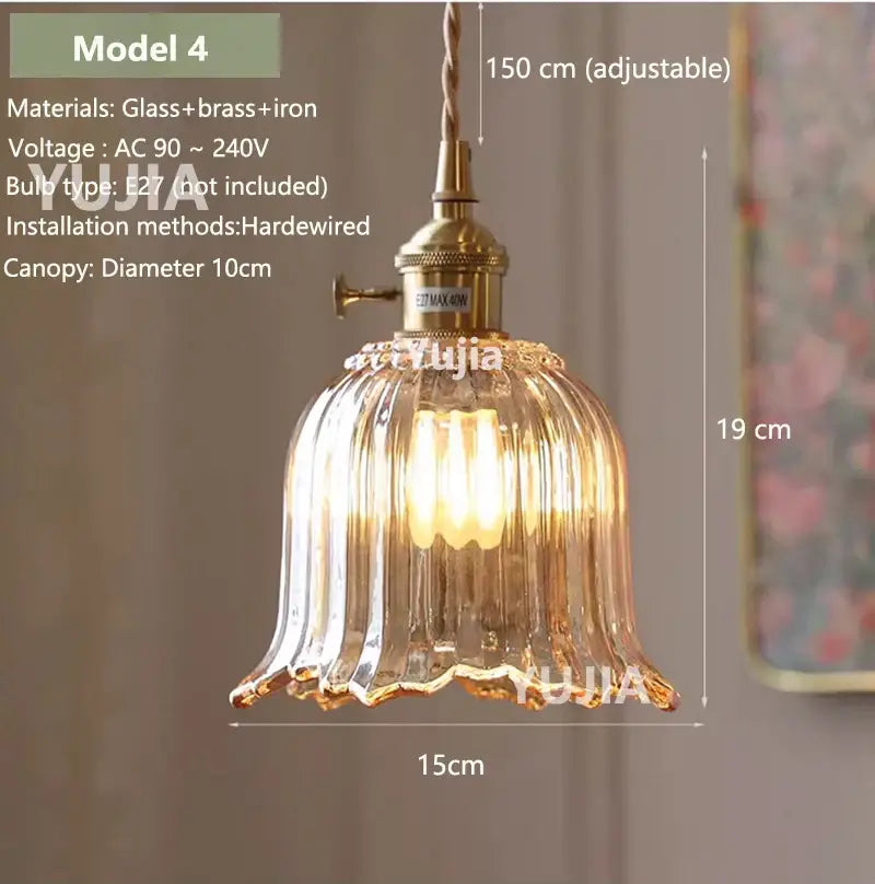 Vintage amber glass pendant light with vertical ridges and adjustable brass iron fixture for kitchen island lighting