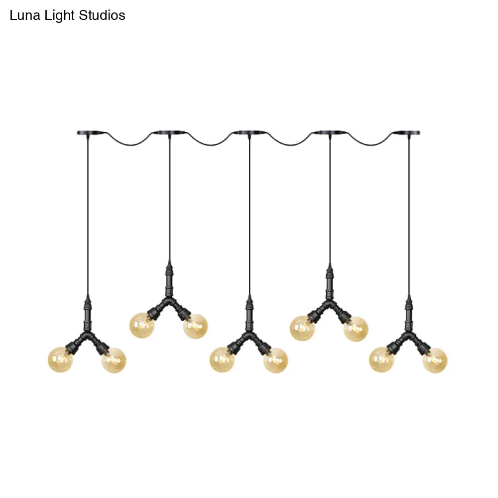 Vintage Amber Glass Swag Hanging Light Fixture - LED Multi Lamp Pendant with 6/10/14 Bulbs in Black