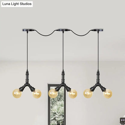 Vintage Amber Glass Swag Hanging Light Fixture - LED Multi Lamp Pendant with 6/10/14 Bulbs in Black