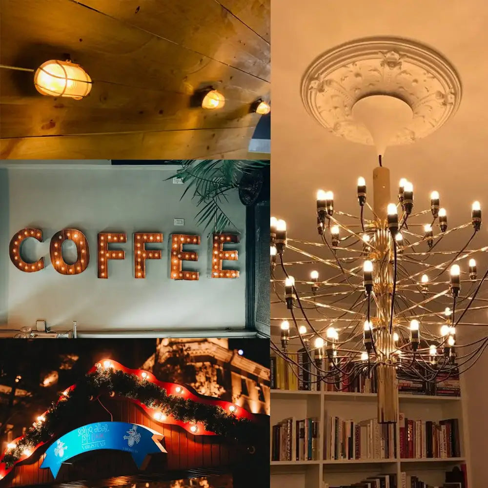 Collage of warm pendant lights and vintage amber led bulb home decor with illuminated coffee sign for living room use