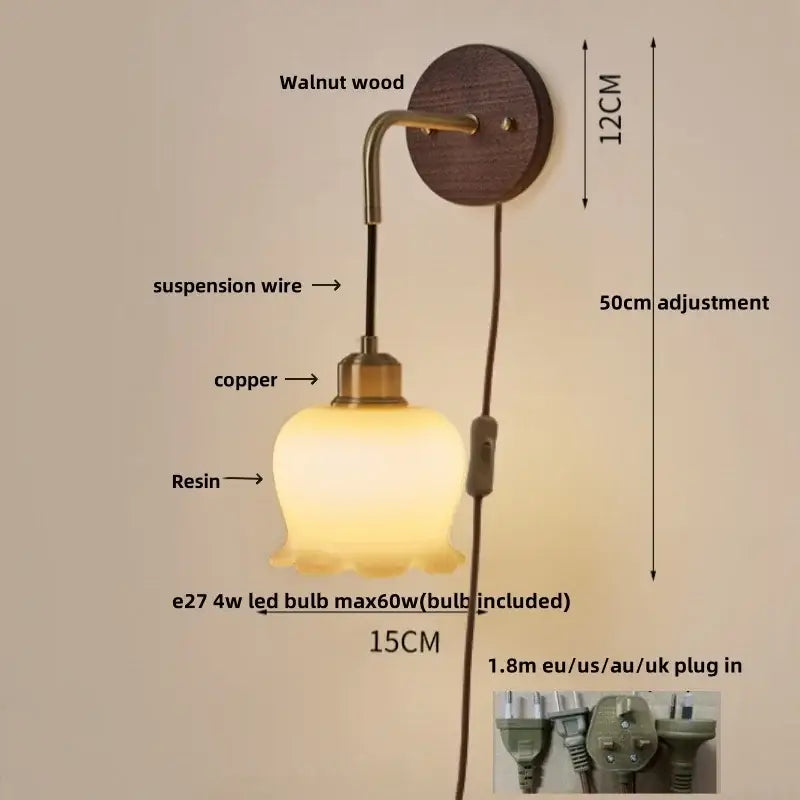 Vintage amber stained glass adjustable led wall lamp with fluted glass shade brass accents on walnut wood wall plate decorbites adjustable led wall