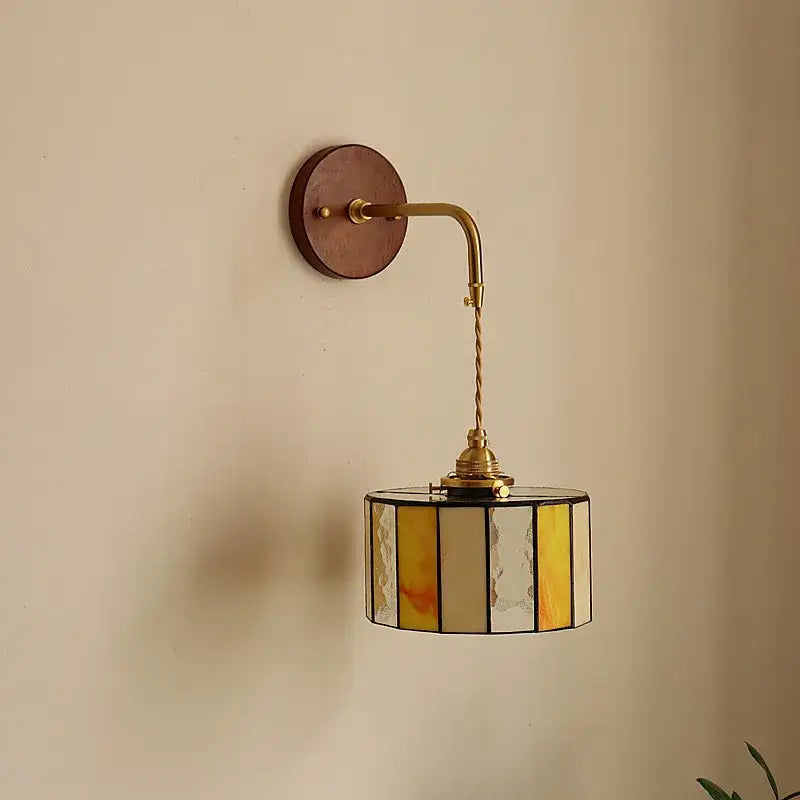 Vintage amber stained glass adjustable led wall lamp with brass finish and cylindrical shade for bedroom decorbites wall lamp