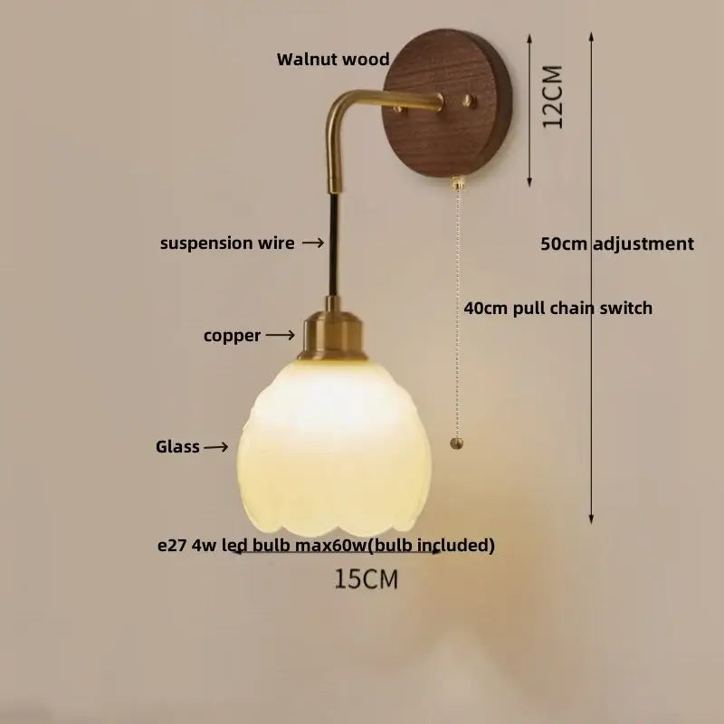 Vintage amber stained glass adjustable led wall lamp with warm frosted glass, brass copper finish, and walnut wood plate