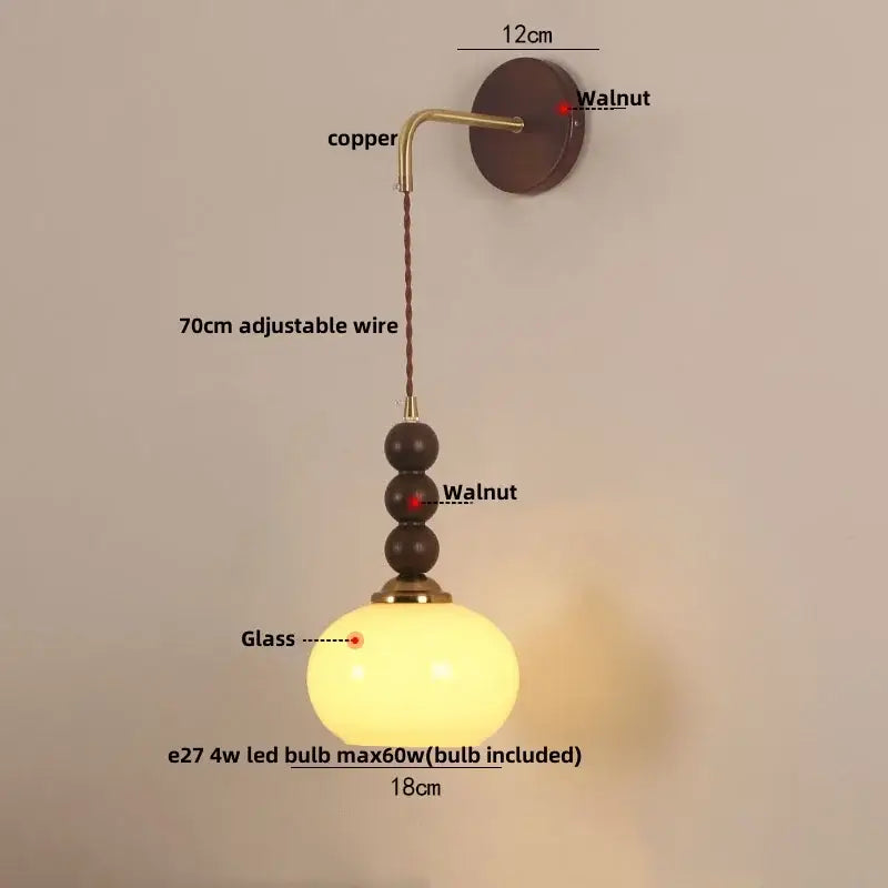 Vintage amber stained glass warm-toned wall lamp with copper hardware and walnut beads for decorbites adjustable led wall use