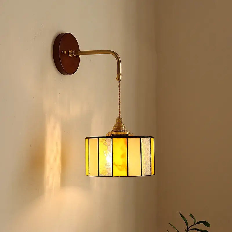 Vintage amber stained glass adjustable led wall lamp with brass finish and warm amber decorbites adjustable led lighting
