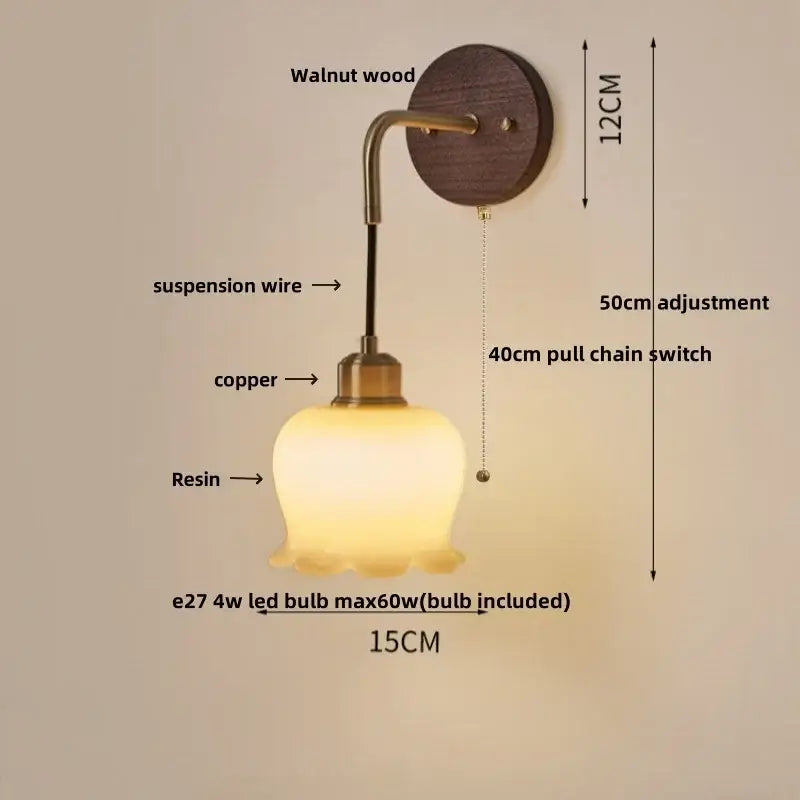 Vintage amber stained glass adjustable led wall lamp with warm-toned resin lampshade and walnut wood wall plate