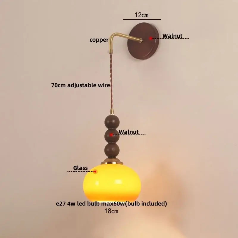 Vintage amber stained glass adjustable led wall lamp with warm yellow globe and copper finish for bedroom decorbites adjustable led wall lamp