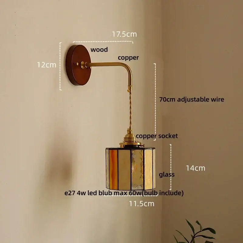 Vintage amber stained glass adjustable led wall lamp with wooden base copper arm for bedroom decorbites wall lamp