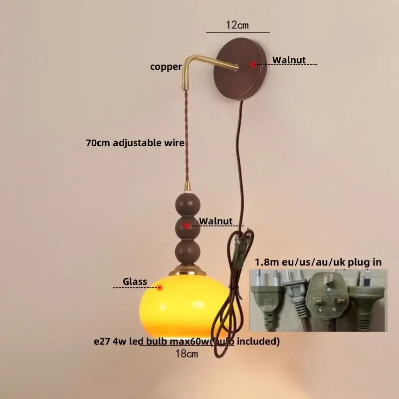 Vintage amber stained glass adjustable led wall lamp with warm yellow glass, copper mount, and walnut bead decorbites adjustable led