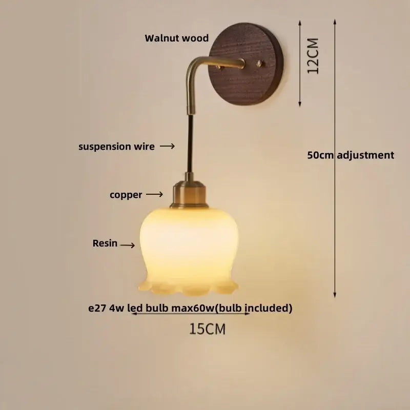Vintage amber stained glass adjustable led wall lamp with warm amber light walnut wood backplate and copper accents