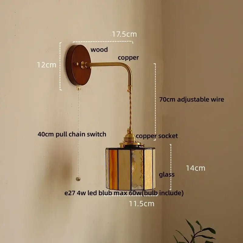 Vintage amber stained glass adjustable led wall lamp with wooden backplate and brass copper arm for bedroom decorbites lighting