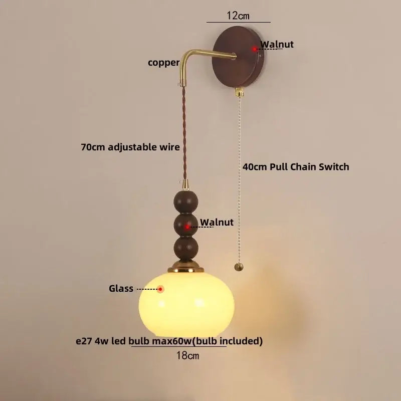 Vintage amber stained glass wall lamp with copper-finished mount and walnut beads for decorbites adjustable led wall lighting