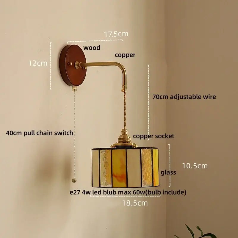 Vintage amber stained glass adjustable LED wall lamp with wooden backplate and copper arm for bedroom decorbites wall lamp