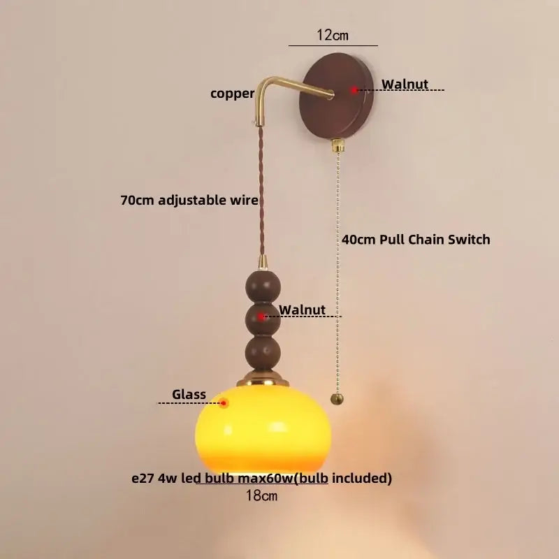 Vintage amber stained glass adjustable led wall lamp with yellow glass globe and copper walnut accents for bedroom decorbites wall lamp