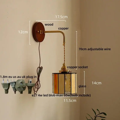 Vintage amber stained glass adjustable led wall lamp with wooden backplate and copper arm for bedroom decorbites adjustable led wall use