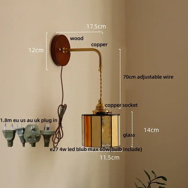 Vintage amber stained glass adjustable led wall lamp with wooden backplate and copper arm for bedroom decorbites adjustable led wall use