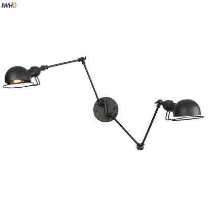 Black industrial-style wall lamp with two adjustable arms and dome shades for vintage antique black wall decorbites