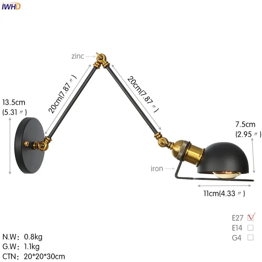Industrial-style vintage antique black wall lamp with adjustable zinc and iron arms featuring brass accents for bedroom decorbites antique black