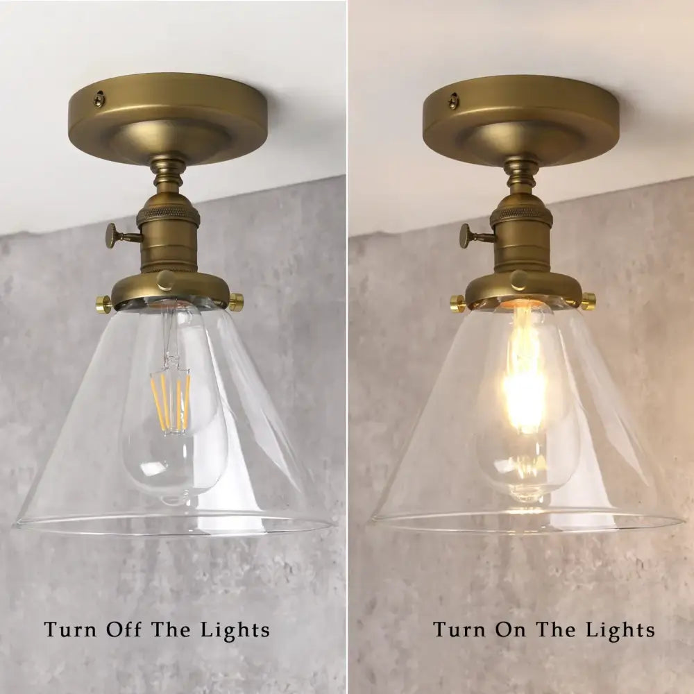 Vintage antique brass funnel glass wall sconce with clear glass shade and exposed filament bulb for bedroom decorbites funnel glass wall lighting