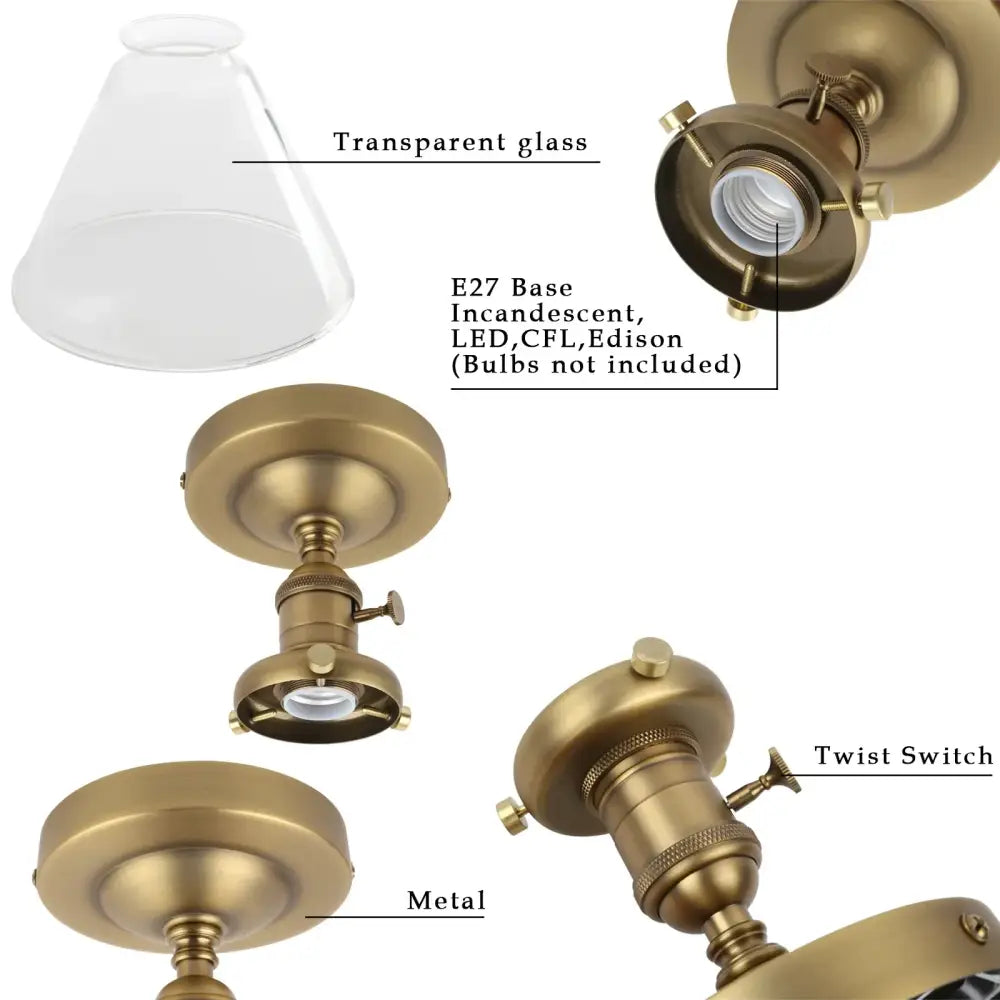Vintage antique brass funnel glass wall sconce with transparent glass shade and e27 base for bedroom decorbites funnel glass lighting