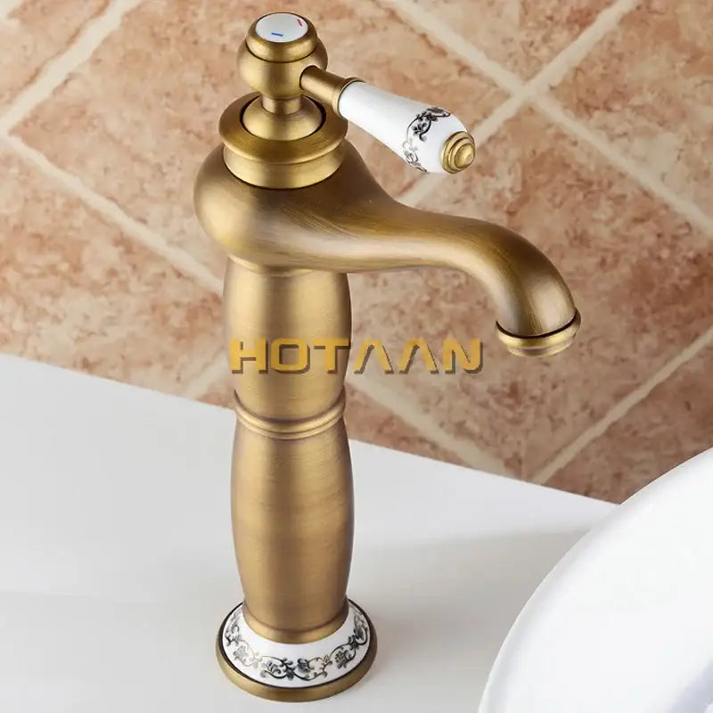 Vintage antique brass single hole bathroom faucet with cold water single handle and floral ceramic housing material