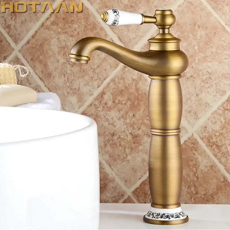 Vintage antique brass single hole bathroom faucet with white ceramic handle and floral cold water housing material