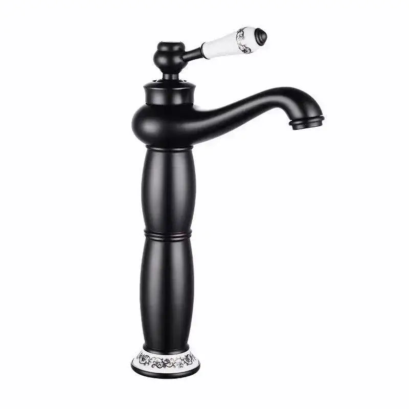 Vintage antique brass single hole bathroom faucet with black matte finish, white ceramic handle, and floral ceramic base