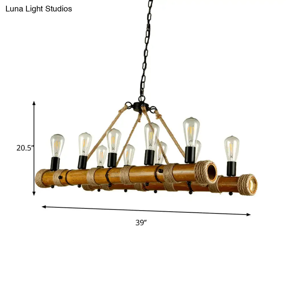 Rustic bamboo chandelier with exposed edison bulbs and rope-wrapped accents beige for living room fixture height and width
