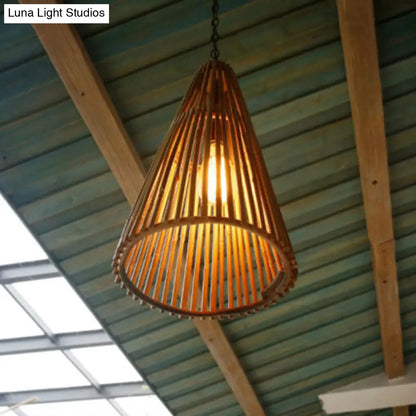 Vintage Bamboo Cone Pendant Light - Natural Wood Suspension Lamp with Adjustable Chain