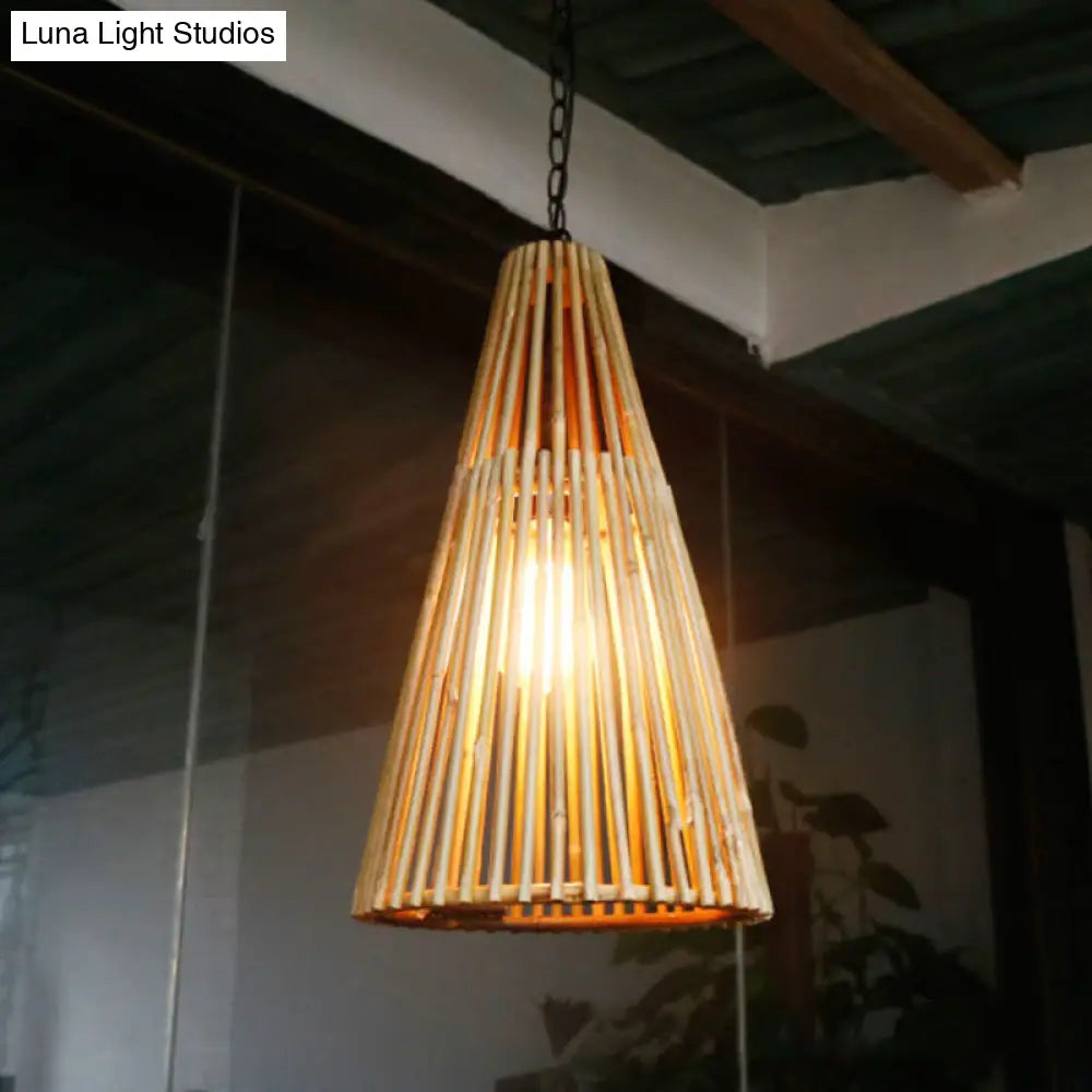 Vintage Bamboo Cone Pendant Light - Natural Wood Suspension Lamp with Adjustable Chain