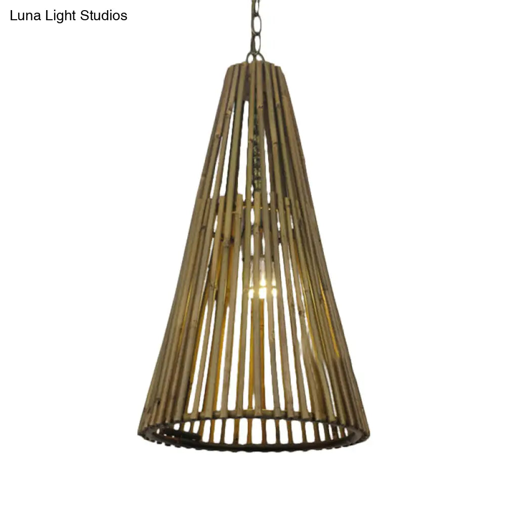 Vintage Bamboo Cone Pendant Light - Natural Wood Suspension Lamp with Adjustable Chain