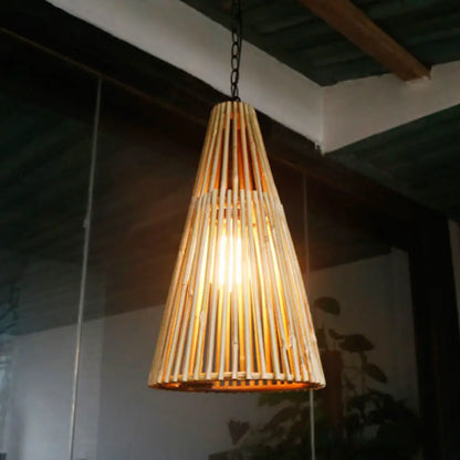 Vintage Bamboo Cone Pendant Light - Natural Wood Suspension Lamp with Adjustable Chain