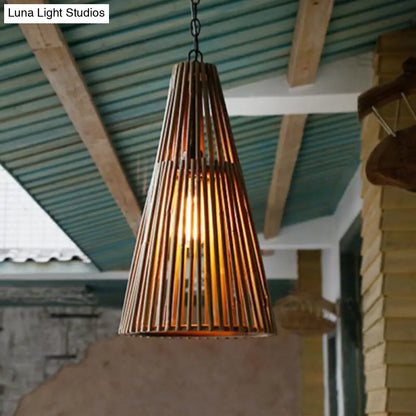 Vintage Bamboo Cone Pendant Light - Natural Wood Suspension Lamp with Adjustable Chain