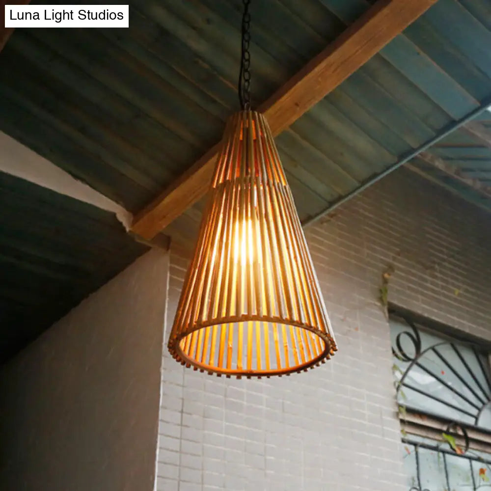 Vintage Bamboo Cone Pendant Light - Natural Wood Suspension Lamp with Adjustable Chain