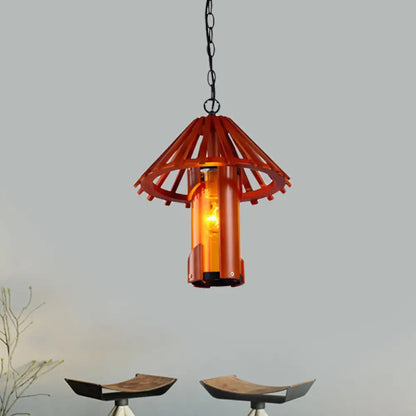 Vintage Bamboo Cylinder Suspension Lamp: 1 Light Dining Room Ceiling Light in Brown with Cone Shade