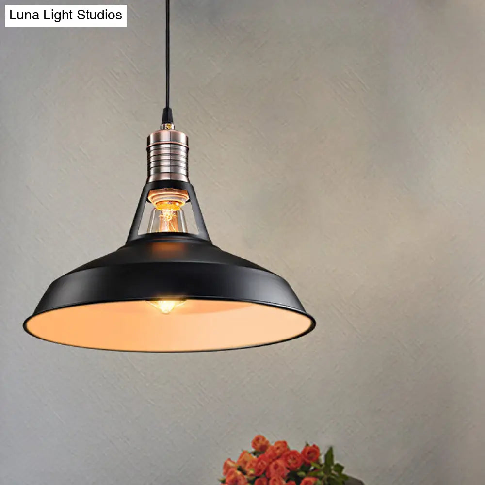 Vintage Barn Pendant Light - Metallic Black/White, 1 Bulb Suspension - 10.5/12/15 Inch Width