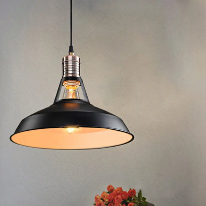 Vintage Barn Pendant Light - Metallic Black/White, 1 Bulb Suspension - 10.5/12/15 Inch Width