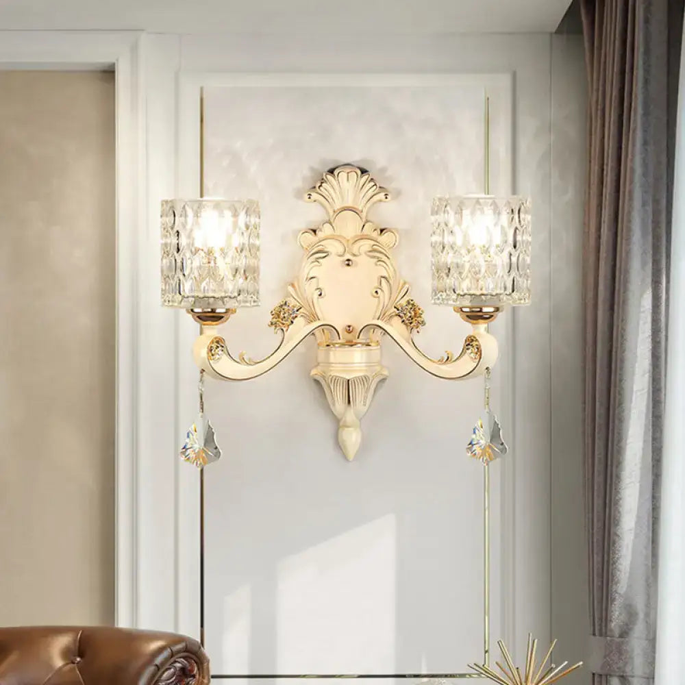 Vintage beige and gold glass wall light with two crystal encrusted glass shades and dangling crystal pendants