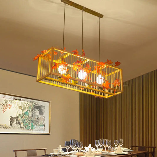 ديكوربايتس™ مصباح معلق من الخيزران باللون البيج العتيق مع ديكور أوراق القيقب الحمراء والأوراق الخضراء - مجموعة إضاءة غرفة الشاي