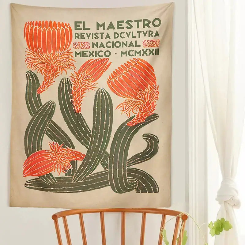 Beige cactus tapestry wall hanging with bold orange and dark green botanical illustrations for living room decorbites decor