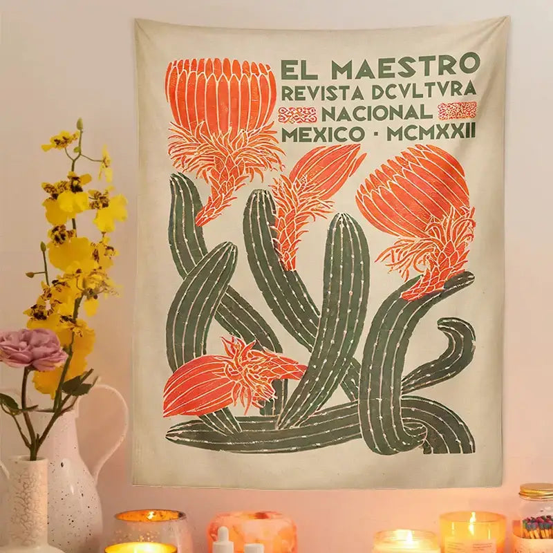 Vintage beige cactus tapestry wall hanging with stylized green cacti and vibrant orange flowers for living room decorbites cactus tapestry