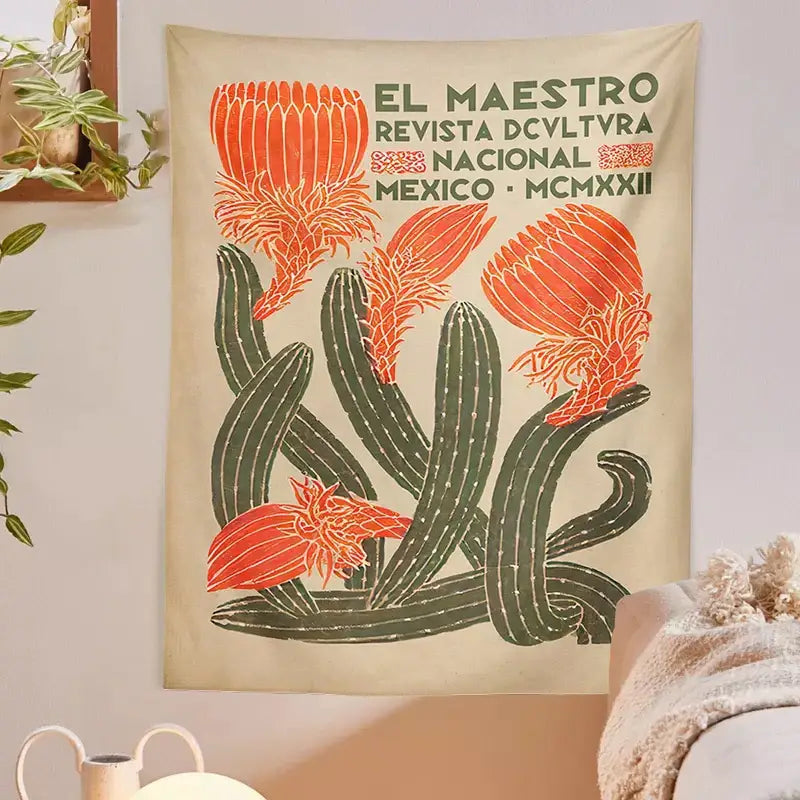 Vintage beige cactus tapestry wall hanging featuring stylized green cacti and orange flowers for decorbites cactus tapestry wall decor