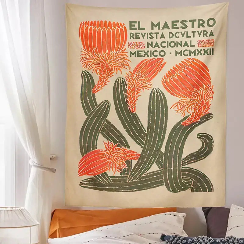 Beige decorbites cactus tapestry wall hanging with stylized green cacti orange flowers vintage text for living room decor