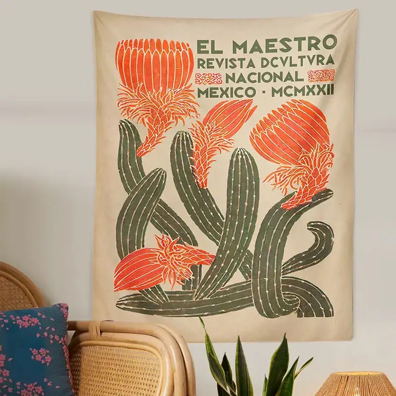 Beige cactus tapestry wall hanging featuring stylized orange and green cacti with blooming flowers vintage design decorbites