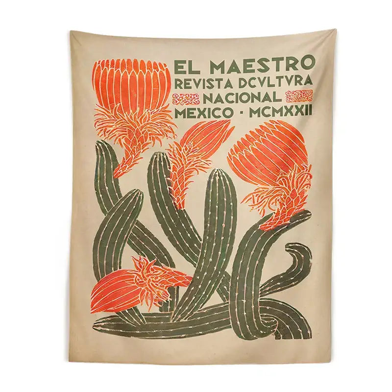 Beige decorbites cactus tapestry wall hanging with stylized green cacti and vintage el maestro text for living room decor