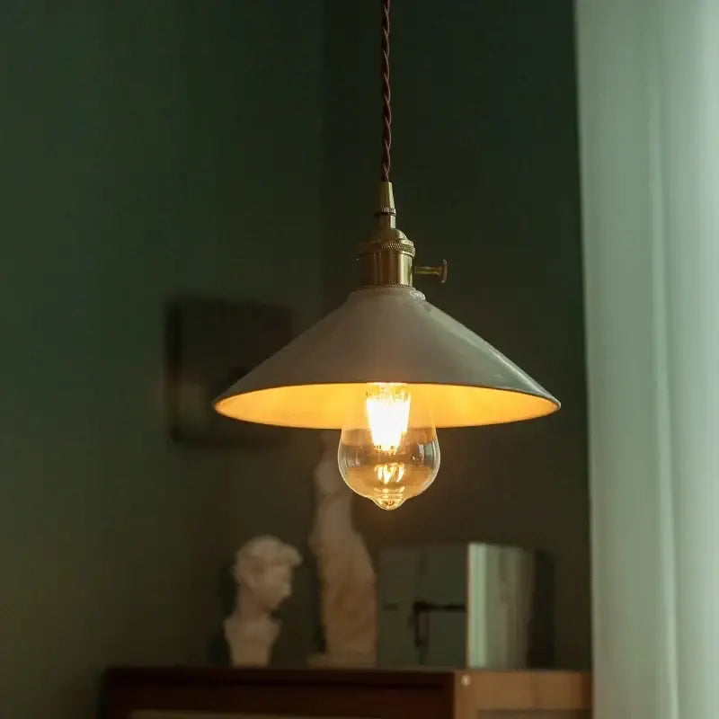 Vintage beige ceramic led pendant lamp with matte white metal shade and brass hardware for kitchen or dining room decorbites beige ceramic