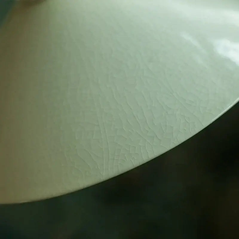A smooth pale green ceramic plate with crackle glaze paired with a vintage beige ceramic led pendant lamp for kitchen decor